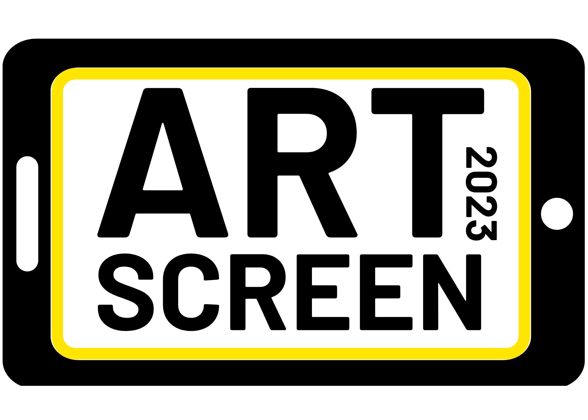A black and white tablet with the words ARTSCREEN 2023 in a yellow border