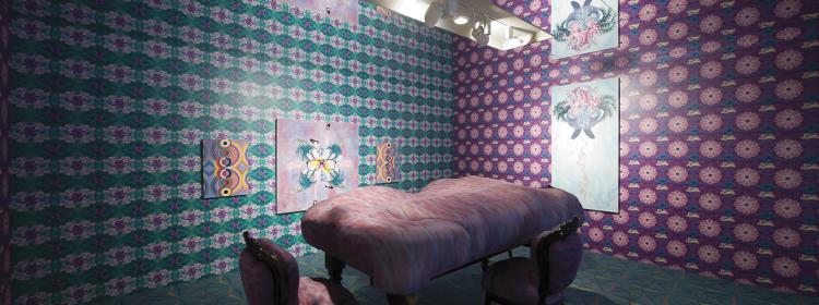 Natalya Hughes, The After Party, 2012. Detail, installation view. Wallpaper, carpet, dining suite, animation and 6 paintings. Commissioned for ‘Contemporary Australia: Women’. Courtesy the artist and Milani Gallery, Brisbane. Photograph Natasha Harth.