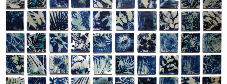 Mollie Bosworth, A meditation on light, 2013. Cyanotype on porcelain, 50 tiles at 140mm square. From Sentinels 145° 38’14.17” E, 16° 50’ 08.63” S. 