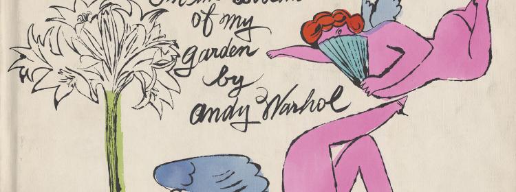 Andy Warhol and Julia Warhola (lettering), In the Bottom of My Garden, 1958. Offset lithograph and Dr. Martin’s Aniline dye on paper with buckram board cover, overall: 21.9 x 28.6 x 1cm, overall (book open):  21.9 x 56.5cm. The Andy Warhol Museum, Pittsburgh; Founding Collection, Contribution The Andy Warhol Foundation for the Visual Arts, Inc. © The Andy Warhol Foundation for the Visual Arts, Inc/ARS.