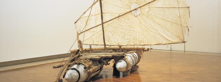 Michael Stevenson, The gift (from ‘Argonauts of the Timor Sea’), 2004–06. Aluminium, wood, rope, bamboo, synthetic polymer paint, World War II parachute and National Geographic magazines, 400 x 600 x 300cm (installed). Purchased 2007. The Queensland Government’s Gallery of Modern Art Acquisitions Fund. Collection Queensland Art Gallery.
