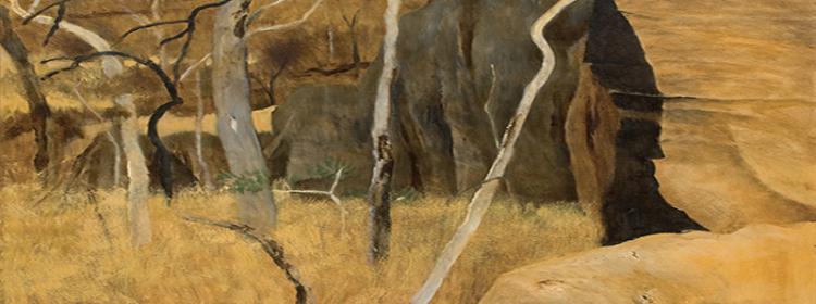 Ray Crooke, Quinkan Country, Laura, 1989. Oil on board, 120 x 75cm. Gift of the Cairns Regional Gallery Foundation to the Cairns Regional Gallery Collection. 