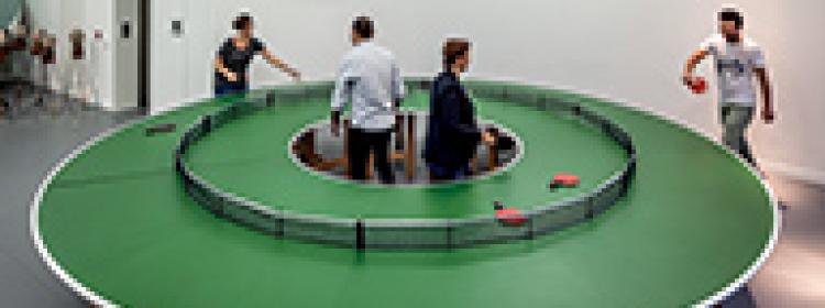 Lee Wen, Ping-Pong Go Round, 2014. Installation view, The Roving Eye, ARTER, 2014. Photograph Murat German. 