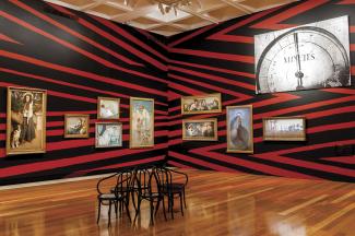Brook Andrew, Intervening time, 2015. Installation view. Museum intervention including the artist’s TIME, 2012 and other works from the Queensland Art Gallery Collection. Courtesy the artist and Tolarno Galleries, Melbourne. Photograph QAGOMA.