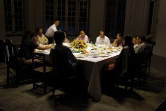 Dinh Q. Lê, Aung San's Dinner, 2015. Performance. Zarganar leading Burmese activists in discussion. Courtesy the artist.