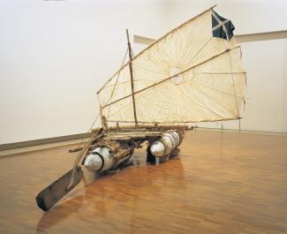 Michael Stevenson, The gift (from ‘Argonauts of the Timor Sea’), 2004–06. Aluminium, wood, rope, bamboo, synthetic polymer paint, World War II parachute and National Geographic magazines, 400 x 600 x 300cm (installed). Purchased 2007. The Queensland Government’s Gallery of Modern Art Acquisitions Fund. Collection Queensland Art Gallery.
