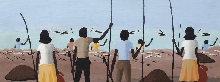 Dick Roughsey OBE, Fishing at Big Bay, Mornington Island, 1983. Oil on masonite panel, 25 x 36cm. Courtesy Jan Manton Art and QCA Gallery, Griffith University. 