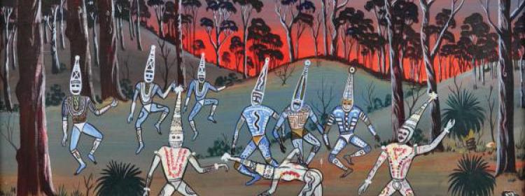 Revel Cooper, Aboriginal Corroboree Among the Gums, c.1968. Oil on board, 35 x 50cm. 