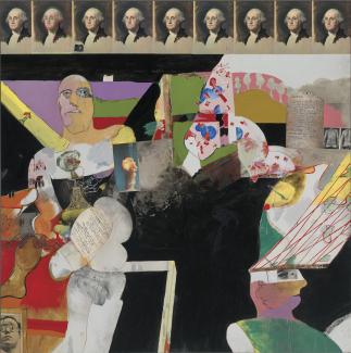 Gareth Sansom, The great democracy, 1968. Oil, enamel, synthetic polymer paint, collage and pencil on composition board, 180 x 180cm. National Gallery of Australia, Canberra. Gift of Emmanuel Hirsh in memory of Etta Hirsh, 2007. © Gareth Sansom
