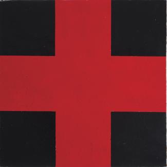 John Nixon, Red and Black Cross, 1988. Enamel and egg shell grit on industrial cardboard, 57 x 57cm.  Collection of Peter Jones and Susan Taylor. 