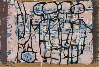 Chi-tien stands on his head, 1964. Synthetic polymer paint and gouache on cardboard on composition board, 64.8 x 99.1cm. Private collection.