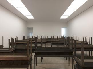 Doris Salcedo, Plegaria Muda, 2008-2010. Wood, mineral compound, cement and grass (45 units), dimensions variable. © Doris Salcedo. Photograph Ben Westoby. Courtesy White Cube, London.