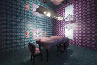 Natalya Hughes, The After Party, 2012. Detail, installation view. Wallpaper, carpet, dining suite, animation and 6 paintings. Commissioned for ‘Contemporary Australia: Women’. Courtesy the artist and Milani Gallery, Brisbane. Photograph Natasha Harth.