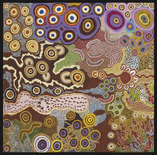 Anawari Inpiti Mitchell, Angilyiya Tjapiti Mitchell, Lalla West, Jennifer Nginyaka Mitchell, Eileen Tjayanka Woods, Lesley Laidlaw and Robert Muntantji Woods, Papulankutja Artists, Kungkarrangkalpa Tjukurrpa, 2015.