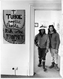 Lionel and Ray Skipper with Colin McCahon's A Poster for the Urewera No. 2, 1975 