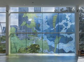Megan Cope, Fluid Terrain (installation view), 2012. Vinyl on glass, Site-specific commission for ‘My Country, I Still Call Australia Home: Contemporary Art from Black Australia’, Gallery of Modern Art, Brisbane, 2012. Photograph Mark Sherwood, QAGOMA. © Megan Cope.