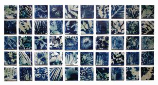 Mollie Bosworth, A meditation on light, 2013. Cyanotype on porcelain, 50 tiles at 140mm square. From Sentinels 145° 38’14.17” E, 16° 50’ 08.63” S. 