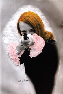 Niki de Saint Phalle pointing her gun, 1972. Still from the film Daddy. Black and white photograph with colour retouching. Photograph © Peter Whitehead. © Niki Charitable Art Foundation, Santee, USA. 