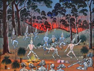 Revel Cooper, Aboriginal Corroboree Among the Gums, c.1968. Oil on board, 35 x 50cm. 