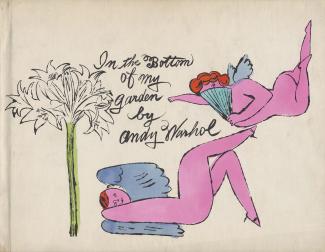 Andy Warhol and Julia Warhola (lettering), In the Bottom of My Garden, 1958. Offset lithograph and Dr. Martin’s Aniline dye on paper with buckram board cover, overall: 21.9 x 28.6 x 1cm, overall (book open):  21.9 x 56.5cm. The Andy Warhol Museum, Pittsburgh; Founding Collection, Contribution The Andy Warhol Foundation for the Visual Arts, Inc. © The Andy Warhol Foundation for the Visual Arts, Inc/ARS.