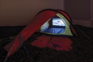 The Middle Landscape, 2010–2015. Tent, video, pine bark. Photograph Sam Hartnett. Courtesy the artist.