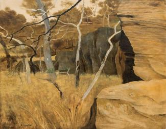 Ray Crooke, Quinkan Country, Laura, 1989. Oil on board, 120 x 75cm. Gift of the Cairns Regional Gallery Foundation to the Cairns Regional Gallery Collection. 