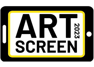 A black and white tablet with the words ARTSCREEN 2023 in a yellow border